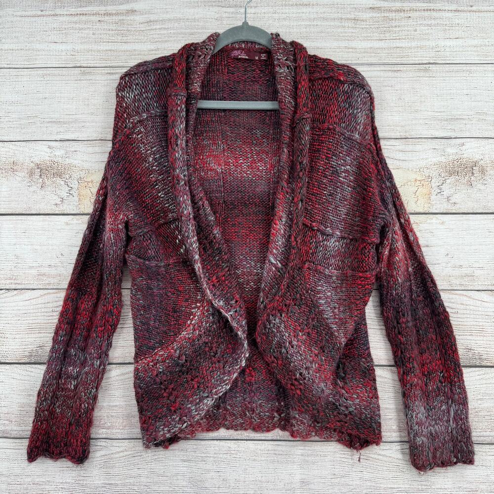 prAna Rosewood Yoga Wrap Sweater Womens Medium Red Gray Open‎ Knit Open Front